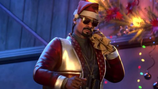 Call of Duty Mobile festive sale: Snoop Dogg wearing a Santa outfit and sunglasses with a sack over his shoulder walking down some stairs decorated with Christmas stuff.