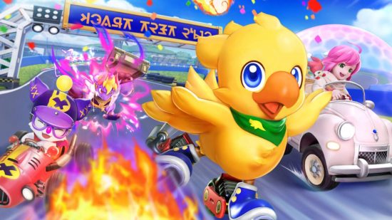 Chocobo GP ending - a yellow duck-like thing on skates is flanked by a car with a pink-haired girl in it and a bunch of other creatures karting along a racetrack pit straight.