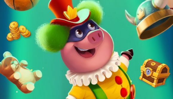 Coin Master free spins - the Coin Master pig dressed as a clown surround by floating treasure