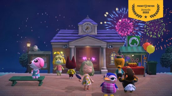 Cosy games - A group of villagers and a player celebrating in Animal Crossing New Horizons