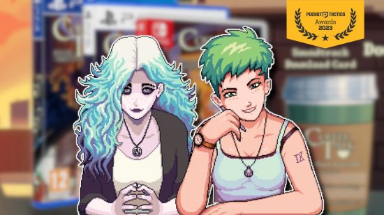 Cozy games: The two Coffee Talk cover art characters pasted on a blurred social image with the PT awards banner over the top