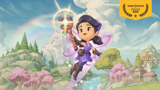Cozy games: Key art from Fae Farm featuring a fairy wearing purple, overlayed with the PT awards banner