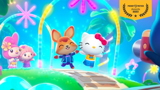 Cozy games: Art from the Hello Kitty Island Adventure New Year's update overlayed with the PT awards banner