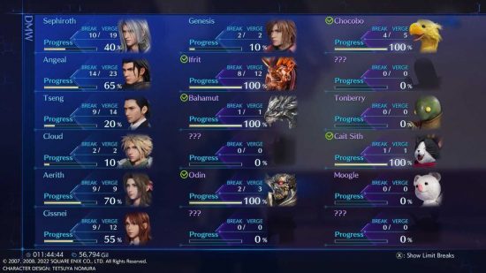 Crisis Core DMW screen showing a bunch of characters