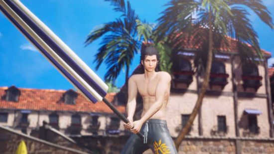 Crisis Core fan club - Zack in beach shorts, wielding a massive parasol