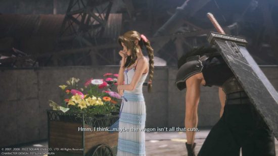 Crisis Core flower wagon - Aerith complaining to zack that the cart isn't pretty enough