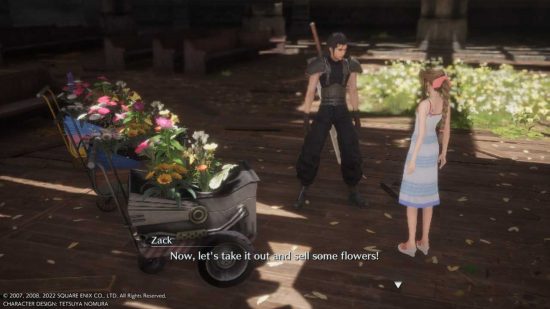 Aerith and Zack stood next to Crisis Core flower wagons