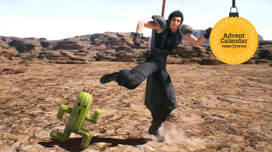 Crisis Core giveaway: Zack and a Cactaur stand in a goofy pose in the middle of a desert