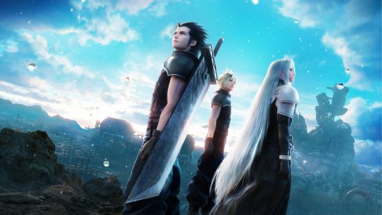 Crisis Core missions - various characters against a bright blue sky with spotted clouds. In the front, a dark haired, large-sword-on-back-having man with bare arms and firm black armour. On the right, a long haired sephiroth -- hair white, shoulders steely -- and then in back Cloud, blonde haired and slender compared to the others.
