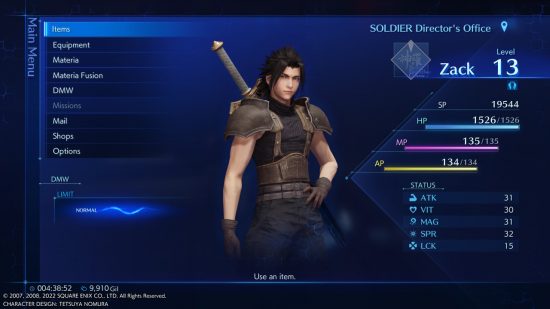 Crisis Core Switch review - the main menu shows Zack Fair next to options and his combat stats