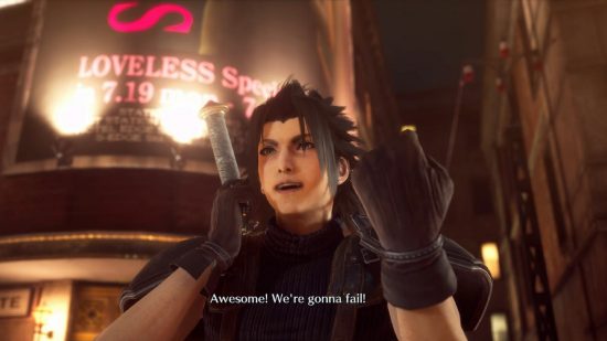 Crisis Core Switch review - Zack Fair talking to someone on a flip phone, subtitles say "Awesome! We're going to fail!"