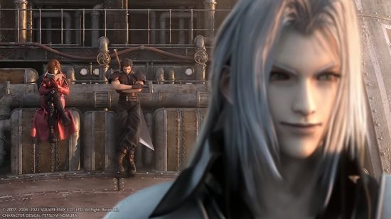 Crisis Core Switch review - Sephiroth is out of focus near the camera, Genesis and Angeal sit in the background reading a book