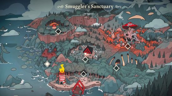 Cult of the Lamb goty - a map showing a seaside town called Smuggler's Sanctuary