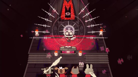 Cult of the Lamb goty - a lamb being sacrificed by four other adorable creatures