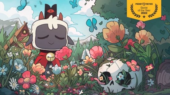 Cult of the Lamb goty - a lamb sat in a field of flowers that are growing over a skull