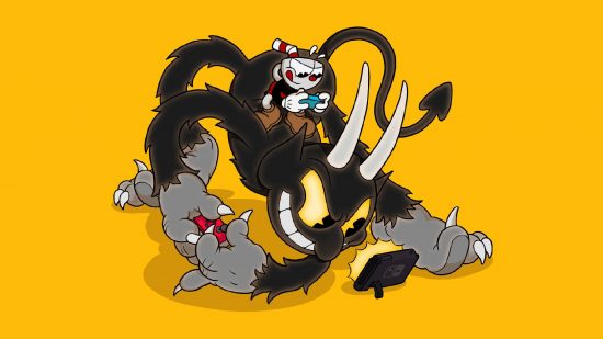 Cuphead bosses: key art for the game Cuphead shows the titular Cuphead sat on the back fo the devil, with both of them playing a Nintendo Switch