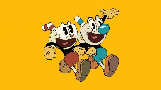 Cuphead show: key art shows Cuphead and Mugman, two cartoon anthropomorphic mugs, jauntily walking along. The image is placed against a yellow background