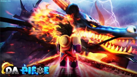 Da Piece codes - a Roblox character approaching a fiery dragon