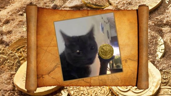 The black 4 Dabloons Cat holding a Dabloon on a treasure map, with a collection of dablooms in the background