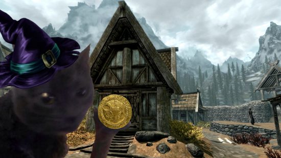 the 4 dabloon cat holding a dabloon and wearing a witch hat in front of Skyrim's Breezehome