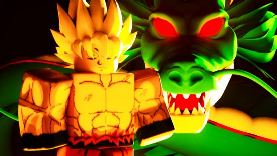 DBZ Demo codes - Super Saiyan Goku stood next to Shenron who has glowing red eyes