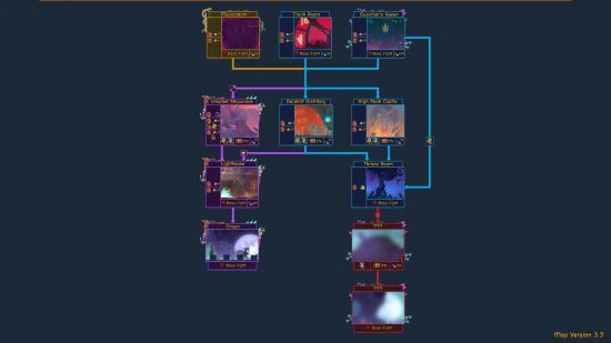 Part four of a Dead Cells map flowchart, showing various squares with map segments within, connected by various arrows in a meticulous spiderweb.