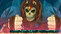 Dead cells map: a large skeletal mnster with armour on slams fists down on a platform with a tiny little guy on it, all red and brown a turqoise.