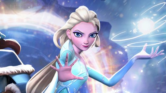 Disney Mirrorverse playtime - a character from Frozen wields a magical snowball in front of a wintry portal. She has blonde hair and a blue dress, and her free hand outstretched towards the camera.