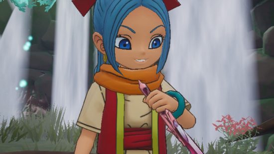 Dragon Quest Treasures characters Mia holding the dragon blade