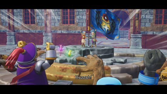 Dragon Quest Treasures characters gathered around a flag and cheering
