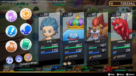 Dragon Quest Treasures Chimera Wings in the pause menu
