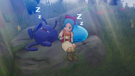 Dragon Quest Treasures monsters - Mia sat between two sleeping monsters