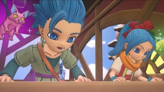 Dragon Quest Treasures review - Erik and Mia looking out of a train window with surprised expressions