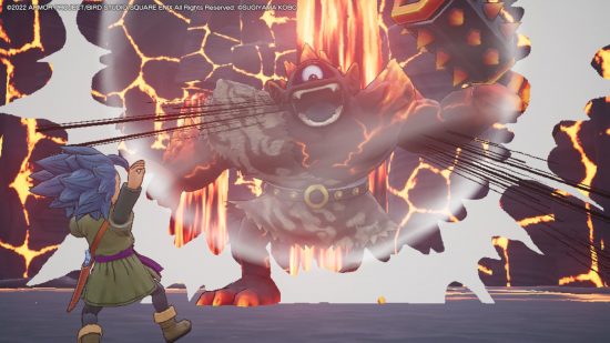 Dragon Quest Treasures review - Erik shielding his face from an angry magma monster