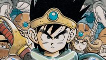 Dragon Quest XII trailers: art for DQIII showing the hero with spiked black hair, a crown with an orb in the middle, and a stern, young, cartoon face.
