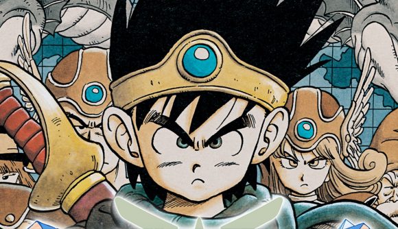 Dragon Quest XII trailers: art for DQIII showing the hero with spiked black hair, a crown with an orb in the middle, and a stern, young, cartoon face.
