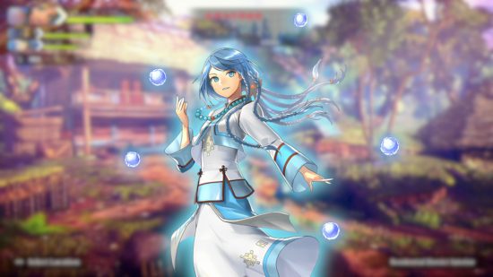 Eiyuden Chronicles: Rising: Isha with a glowing blue outline on top of a blurred screenshot from Eiyuden Chronicles: Rising