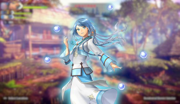 Eiyuden Chronicles: Rising: Isha with a glowing blue outline on top of a blurred screenshot from Eiyuden Chronicles: Rising