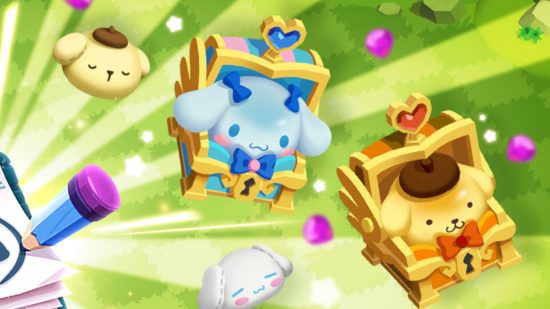 Merge Fantasy Island Sanrio collaboration: Sanrio-themed items fly across a green background. This includes two round plushies of yellow dog Pompompurin and white dog Cinnamoroll with their eyes closed. Awake versions are sat in ornate treasure chests.