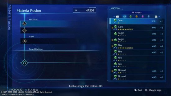 Screenshot of the Final Fantasy Crisis Core materia fusion menu with different options running down the side