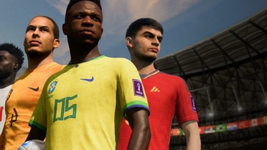FIFA 23 World Cup: four footballplayers looking fierce. The oneon the left has short black hair and a red shirt. IN the middle is slightly spiked dark hair and a yellow shirt. To the right is an ornage shirted very short haired player,and then a white shirted player.