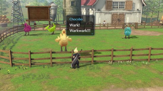 Final Fantasy Ever Crisis release date - Cloud speaking to a yellow Chocobo, there's a red and a blue chocobo in the background