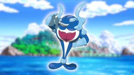 Fish Pokemon: Hero Form Palafin's official Pokedex image pasted onto a blurred Pokemon landscape image.