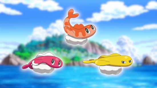 Fish Pokemon: Three different forms of Tatsugiri, one pink droppy, one orance curly, and one yellow stretchy, arranged in a triangle on a blurred Pokemon landscape image.