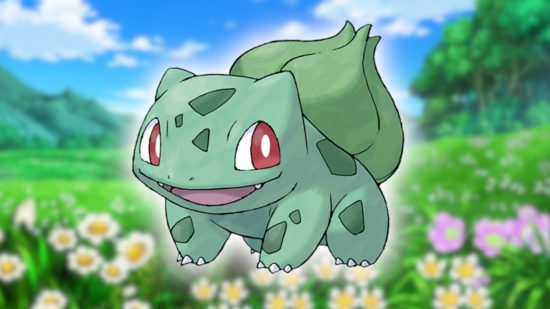 Flower Pokemon: Bulbasaur's Pokedex art pasted onto a screencap from the Pokemon anime featuring a field of flowers and a blue sky.