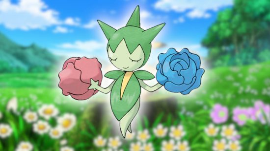 Flower Pokemon: Roselia's Pokedex art pasted onto a screencap from the Pokemon anime featuring a field of flowers and a blue sky.