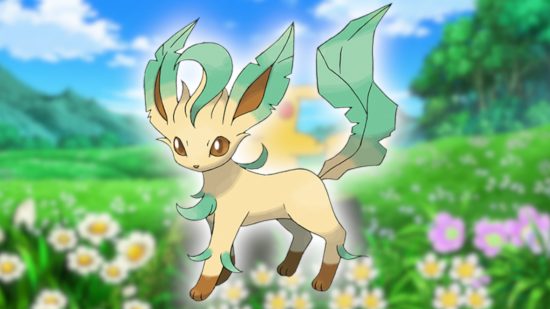 Flower Pokemon: Leafeon's Pokedex art pasted onto a screencap from the Pokemon anime featuring a field of flowers and a blue sky.