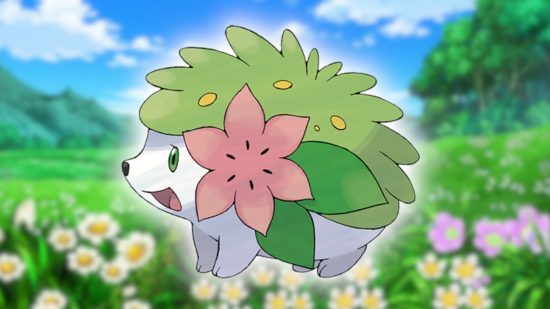 Flower Pokemon: Shaymin's Pokedex art pasted onto a screencap from the Pokemon anime featuring a field of flowers and a blue sky.