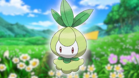 Flower Pokemon: Petilil's Pokedex art pasted onto a screencap from the Pokemon anime featuring a field of flowers and a blue sky.