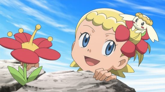 Flower Pokemon: Bonnie from the Pokemon XY anime wearing a red Flabebe in her hair.